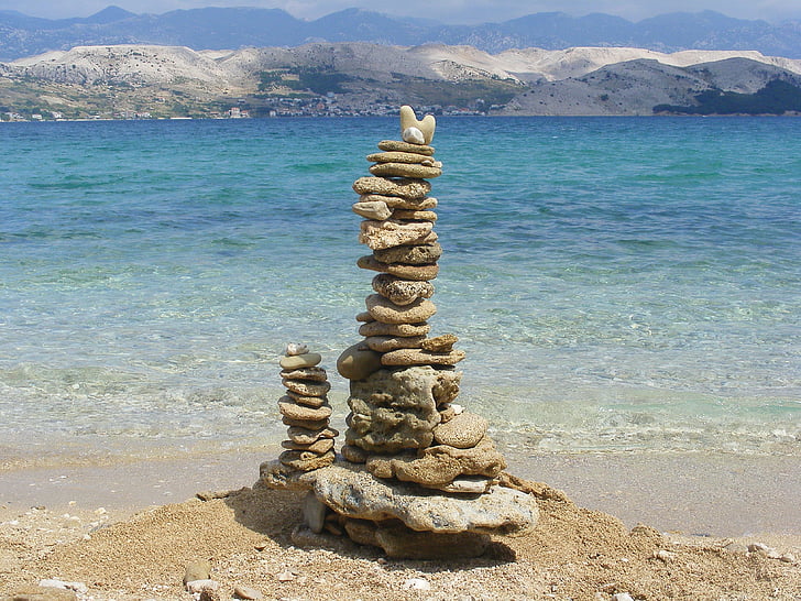Cairn, stenen torentjes, stenen, strand, zee, Kroatië, stapel