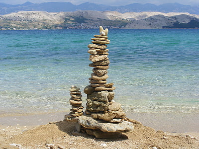 Cairn, akmens tornīšiem, akmeņi, pludmale, jūra, Horvātija, steks