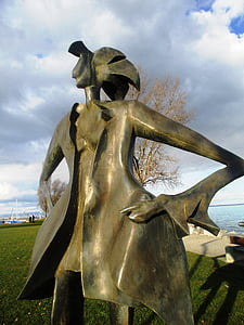 sculpture, figure, man, metal, mood, artwork, lake