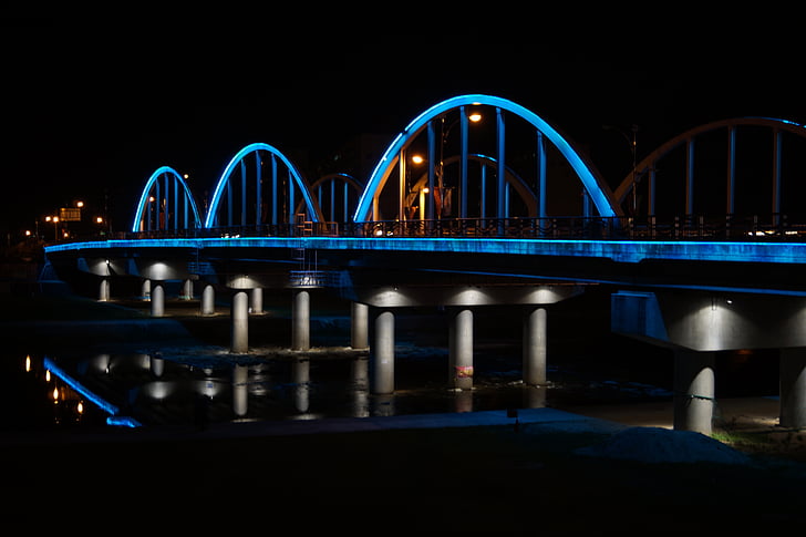 мост, светлини, Нощен изглед, Република Корея, пейзаж, вода, светлина