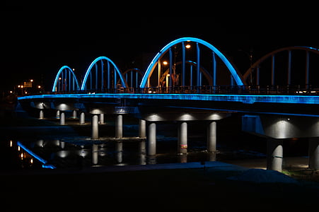 bridge, lights, night view, republic of korea, landscape, water, light
