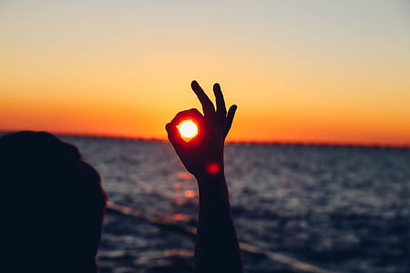 silhouet, persoon, Oke, gebaar, zonsondergang, hand, zee