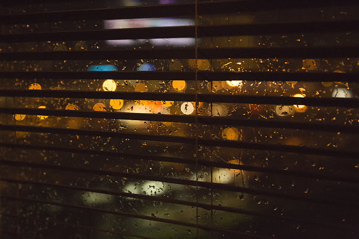 déšť, okno, rozostření, noční, světla, mokrý, sklo
