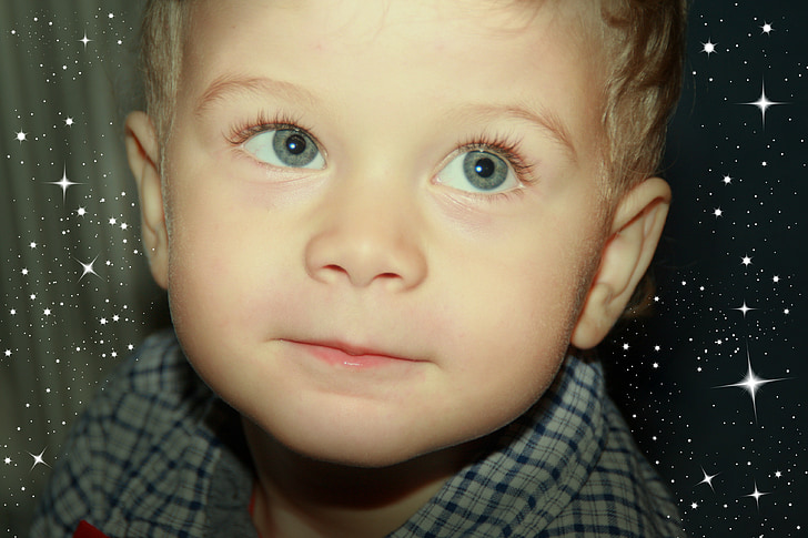 Chlapec, portrét, hvězdy, magie, modré oči