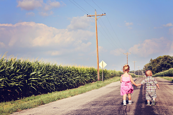friends, outside, road, rural, cornfield, holding hands, together