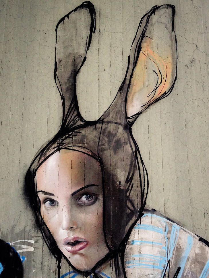 graffiti, Hare, kvinde, ansigt, kaninører, øjne, munden