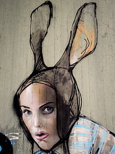 grafiti, zajca, ženska, obraz, zajec ušesa, oči, usta