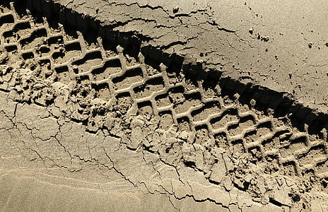 tire, track, sand, tread, imprint, vehicle, wheel