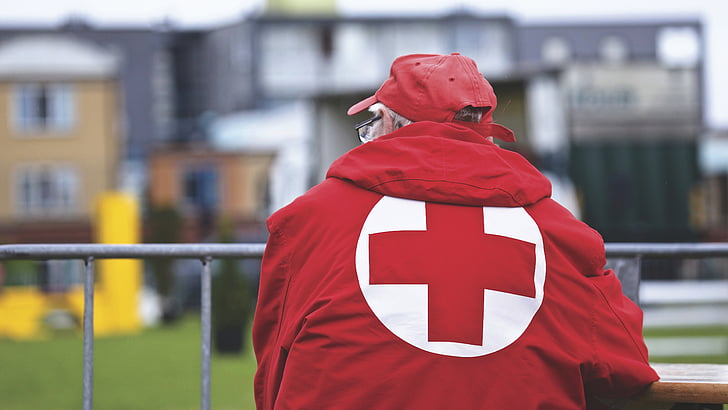 elderly, man, person, red cross