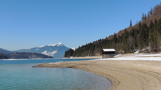Walchensee, Lake, vann, natur, fjell, steiner, snø