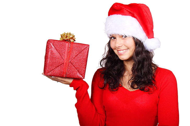 กล่อง, คริสมาสต์, ซานตาคลอส, น่ารัก, หญิง, ของขวัญ, สาว