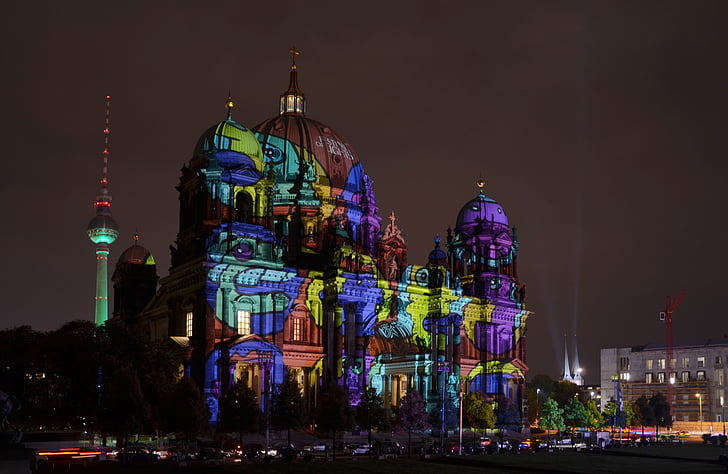 Berlín, Festival de las luces, Catedral de Berlín, Dom, Torre de la TV, lugares de interés, Berlín de noche