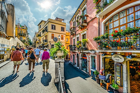 Таормина, Сицилия, приятели, туристически, Туризъм, пътуване, разглеждат