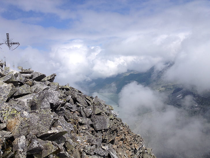 Bergen, Top, Top cross, wolken, mist, Alpine rock, berg