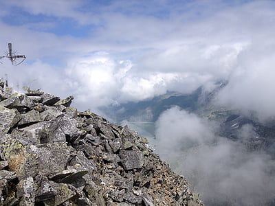 mountains, summit, summit cross, clouds, fog, alpine rock, mountain