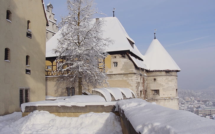 sklenjenih svetel kamen, Heidenheimu Nemčija, grad, grajski stolp, sneg, pozimi, arhitektura