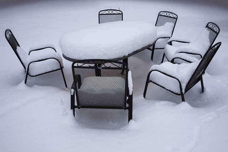 winter, white, chair, garden, garden chair, table, snowy
