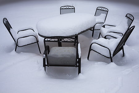 invierno, Blanco, silla, jardín, silla de jardín, tabla, cubierto de nieve