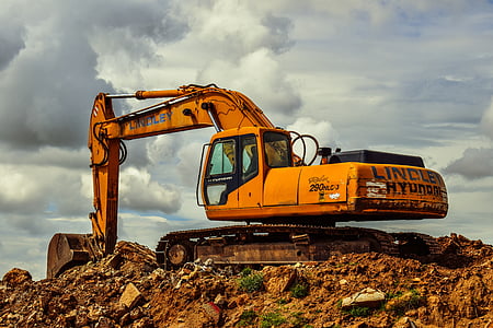excavator, heavy machine, equipment, vehicle, machinery, yellow, debris