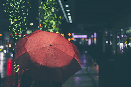 person, using, red, umbrella, walking, street, string