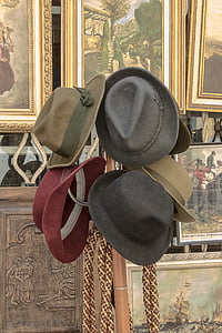chapéus, fotos, cabide, venda, rua, vendedor, mercado