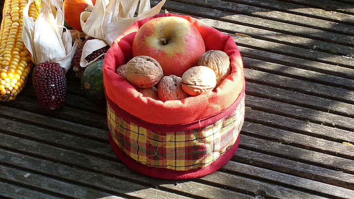 autumn vitamins, checkered, fabric, apple, nuts