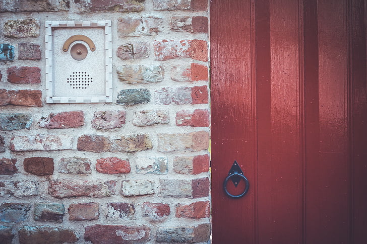 red, wooden, door, wall, outside, house, structure