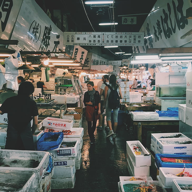 Fisch, Fische, Markt, Menschen, Frauen, Meeresfrüchte, Essen