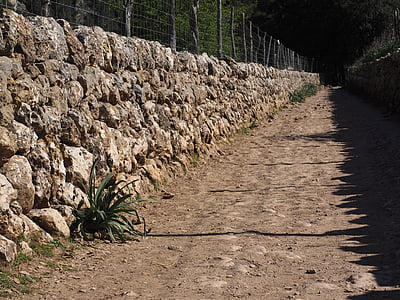 stenen muur, Lane, weg, schaduwspel, gipsplaten