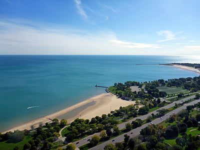 brzegu jeziora, Jezioro, Lake michigan, panoramy Chicago