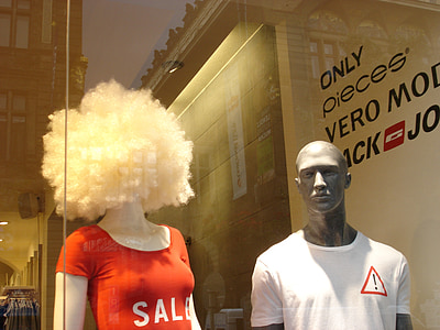 mannequins, brands, window, shopping, wig