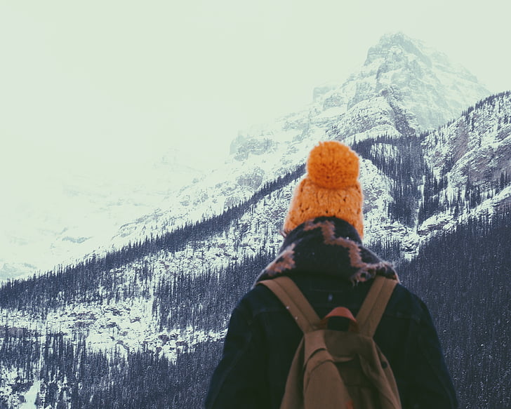 남자, 착용, 오렌지, 장식, 모자, 등산, 눈