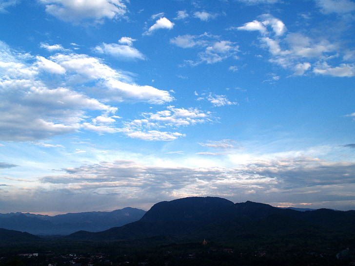 blue, sky, mountains, white, clouds, cloudy, day