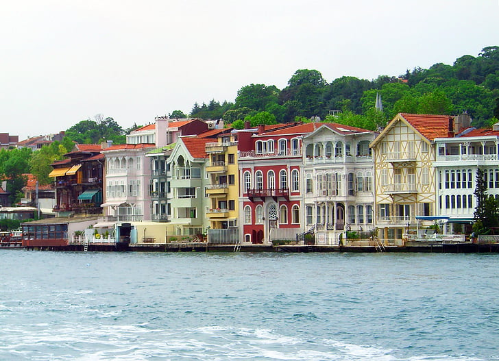 Bosphorus, Turkiet, Istanbul, bostäder, hus fasader, färg, färgade hus