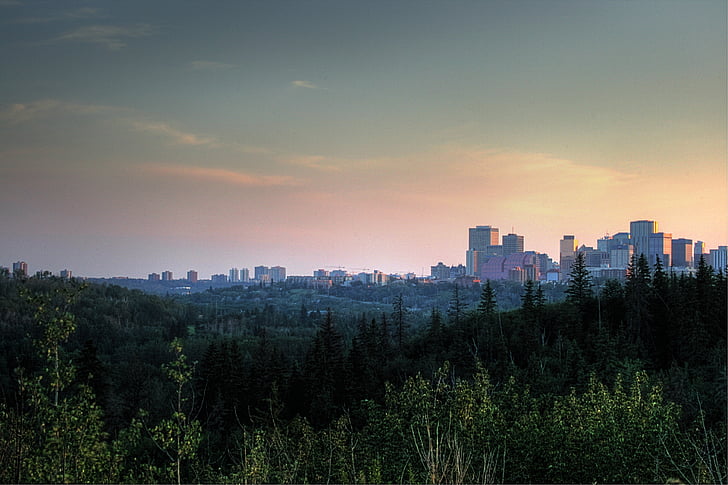 Edmonton, Kanada, mesto, Skyline, západ slnka, stromy, Príroda