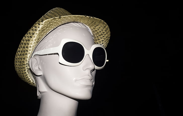 Maniquí, ulleres de sol, barret, moda, disseny, roba, moda