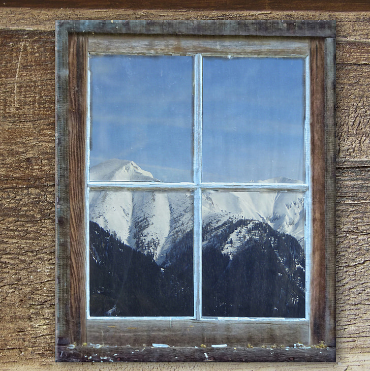 window, old, hut, mountains, winter