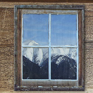fenêtre de, vieux, Hut, montagnes, hiver