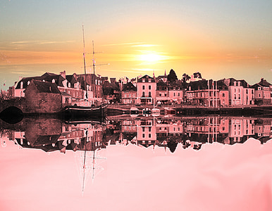 Puerto, puesta de sol, Bretaña