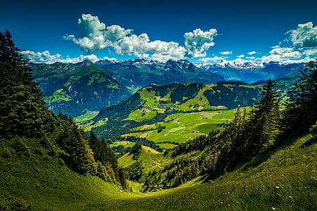 landscape, mountains, valleys, hills, green, grass, trees