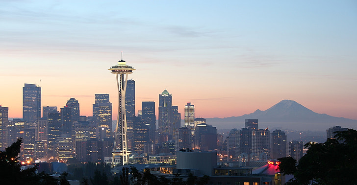 City skyline, Seattle-ben, belváros, Space needle, felhőkarcoló, városi, torony