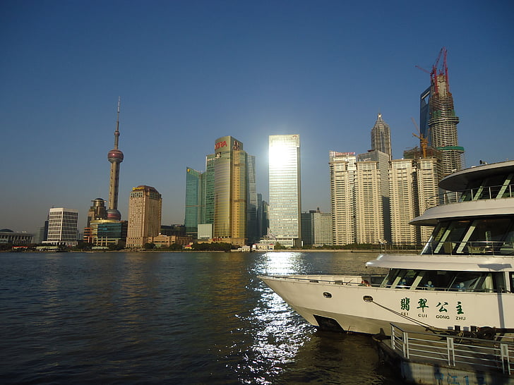Шанхай, лодка, архитектура, Skyline, град, градски пейзаж, кула