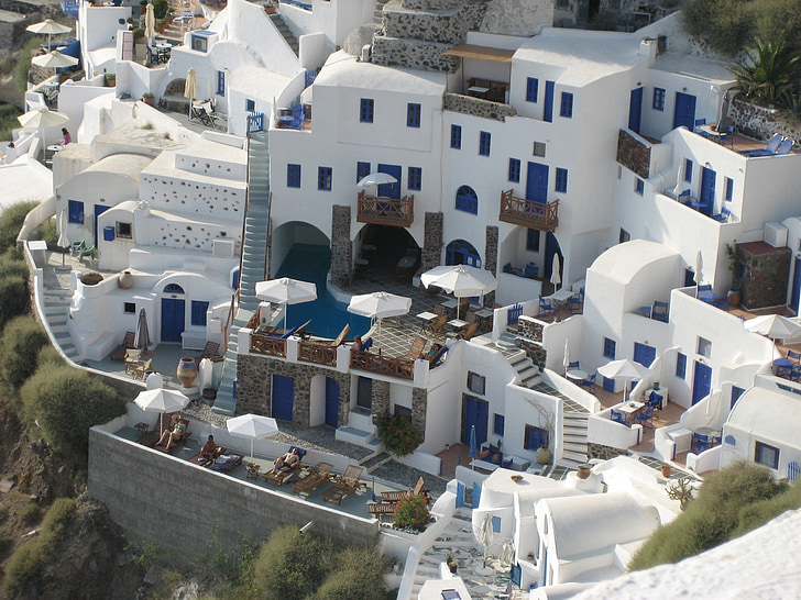 Санторини, бяло, домове, на ръба на кратера, Гърция, Цикладите, бели къщи