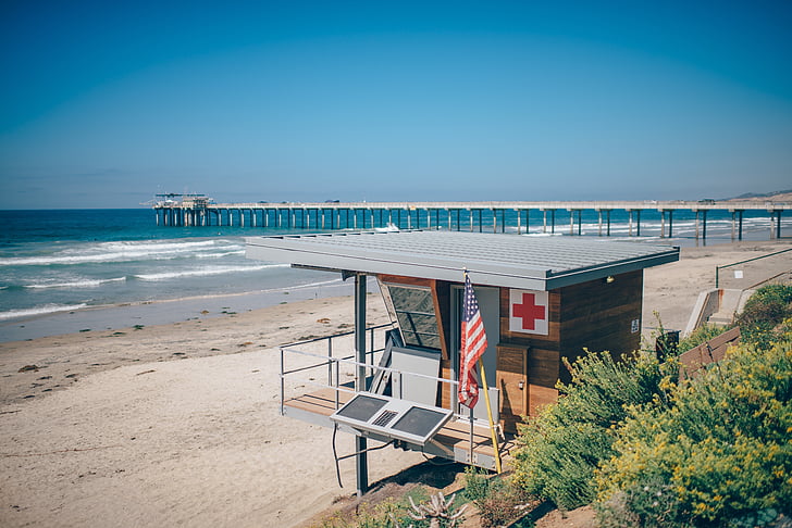 lifeguard, tower, pier, beach, ocean, sand, shore