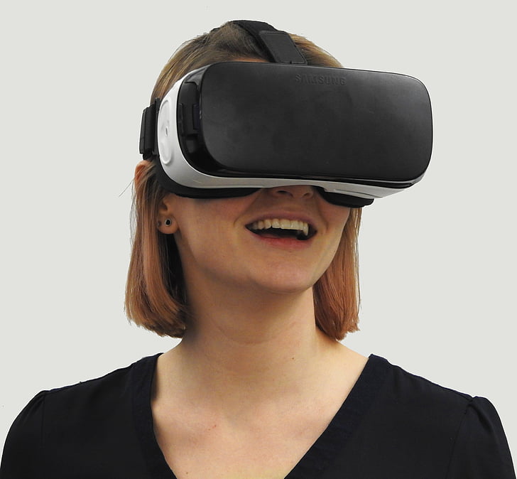 kvinne, VR, virtuell virkelighet, teknologi, virtuelle, virkelighet, enheten