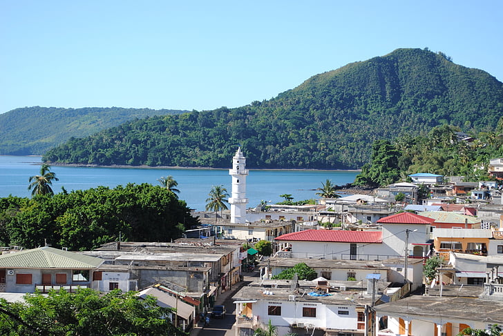 Sada, Mayotte, moskeen, sjøen, Sommer, fjell, kystlinje