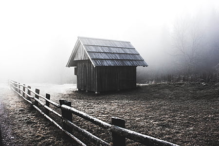 木材, フェンス, 屋外, 家, 小屋, 黒と白, 風景