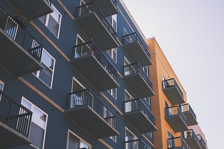 Appartamenti, architettura, balcone, blu, costruzione, Colore, colore