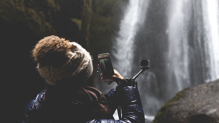 woman, taking, photo, waterfall, person, female, rear view