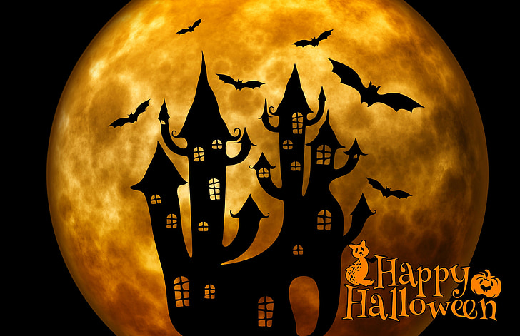 halloween, castle, weird, surreal, atmosphere, bat, moon